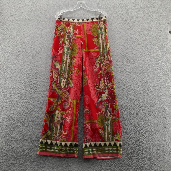Beige by eci Wide Leg Palazzo‎ Pants 10 Red Ivory Womens Paisley Boho Art Wear - Picture 1 of 14